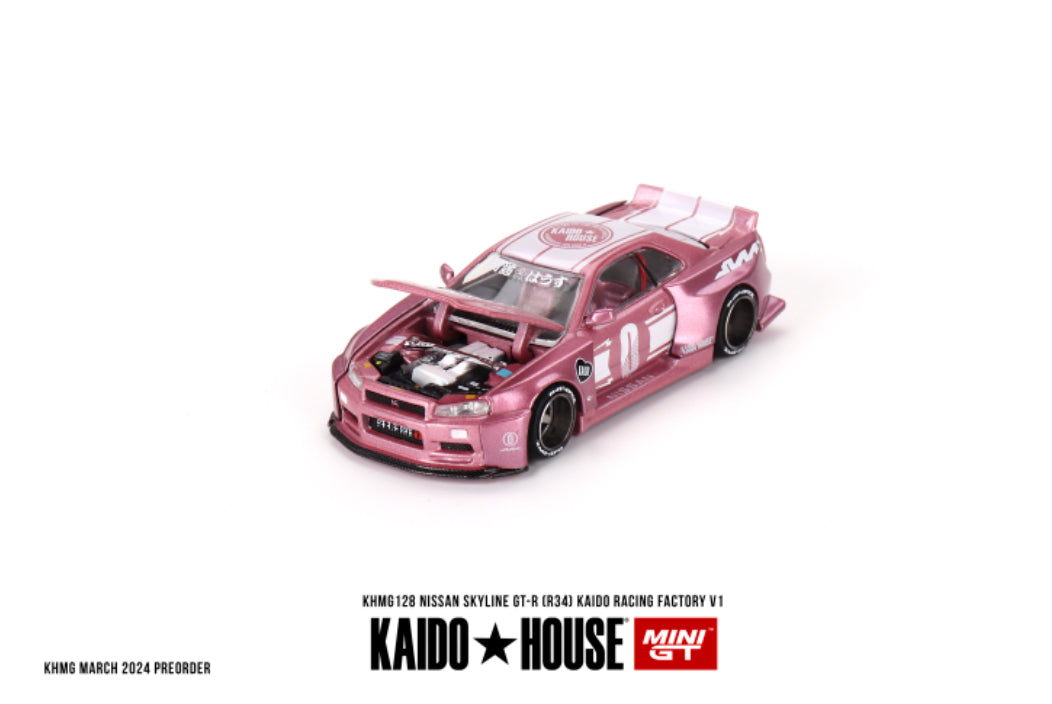 #128 - Kaido House x Mini GT 1:64 Nissan Skyline GT-R (R34) Kaido Racing Factory V1 – Pink