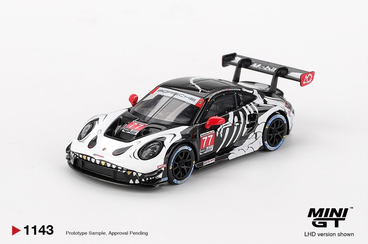 #1143 - *Limit of 1 per order* Mini GT 1:64 Porsche 911 GT3 R #77 AO Racing 2025 IMSA Petit Le Mans - Skeleton Rexy