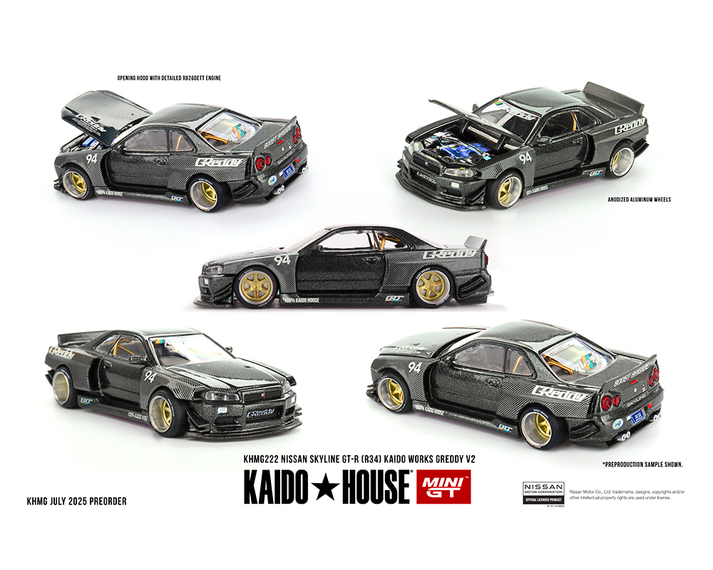 #222- (Preorder) Kaido House x Mini GT 1:64 Nissan Skyline GT-R (R34) Kaido Works GReddy V2 – Black w/ Carbon