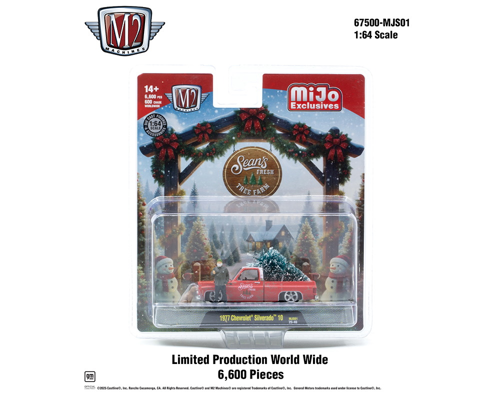 (Preorder) M2 Machines 1:64 Diorama Sean’s Fresh Tree Farm 1977 Chevrolet Silverado 10 with Sean Figure & Dog Christmas