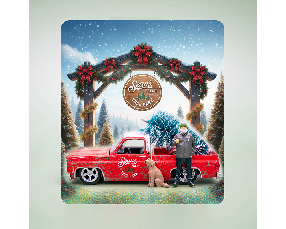 (Preorder) M2 Machines 1:64 Diorama Sean’s Fresh Tree Farm 1977 Chevrolet Silverado 10 with Sean Figure & Dog Christmas