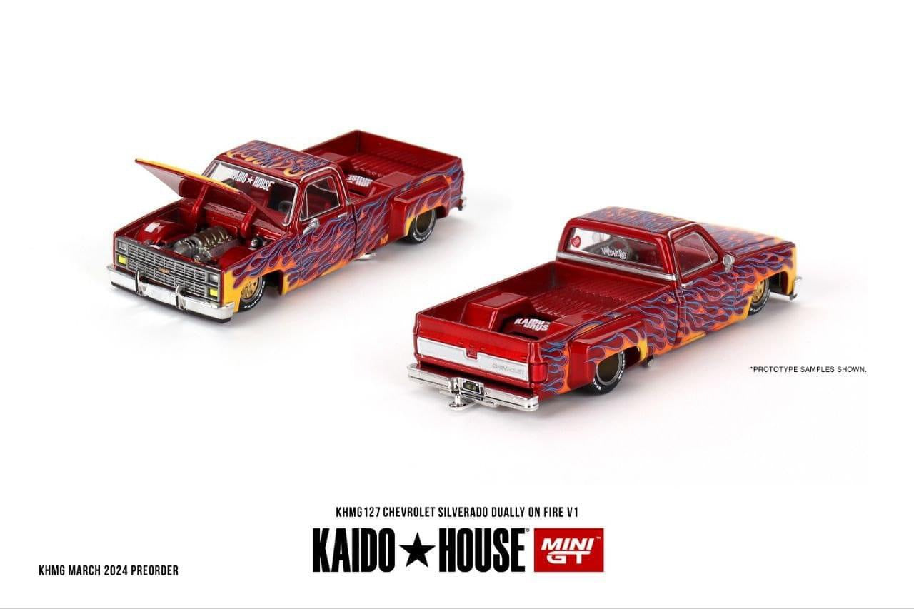 #127 - Kaido House x Mini GT 1:64 Chevrolet Silverado Dually on Fire V1 – Red with Flames