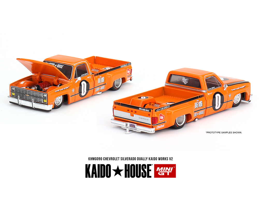 #090 - Kaido House x Mini GT 1:64 Chevrolet Silverado Dually KAIDO WORKS V2 – Orange