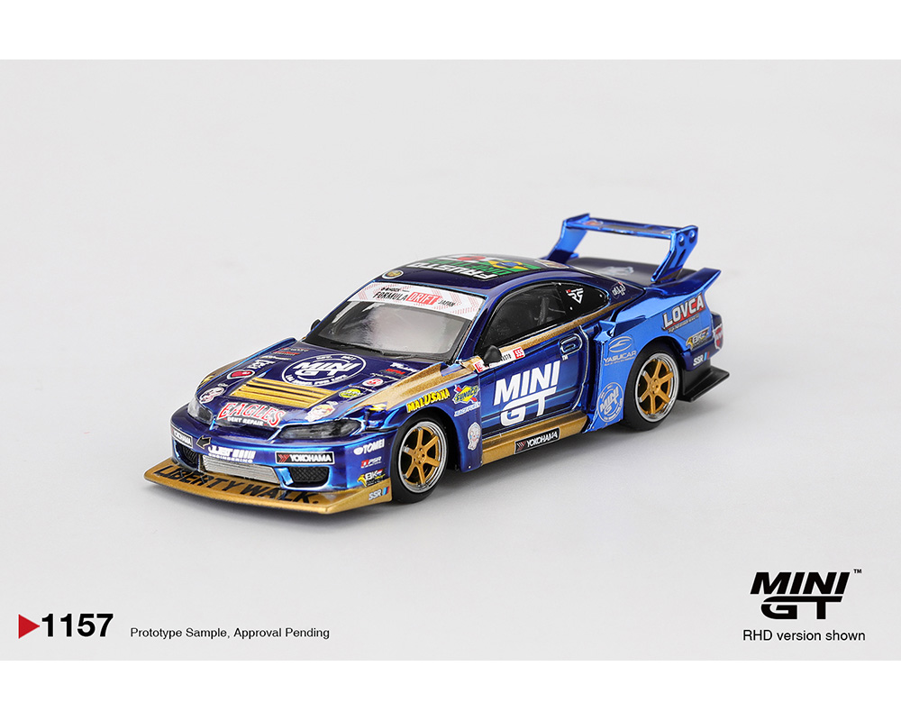 #1157 - Mini GT 1:64 Nissan LB-Super Silhouette S15 SILVIA #555 Team MINI GT Liberty Walk 2025 Formula Drift – Chrome Blue