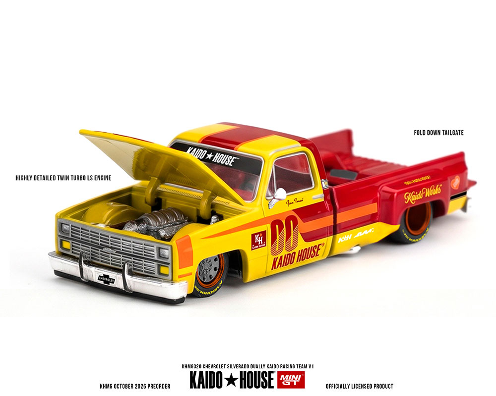 #320 - (Preorder) Kaido House x Mini GT Chevrolet Silverado Dually Kaido Racing Team V1 – Yellow Red Two- Tone