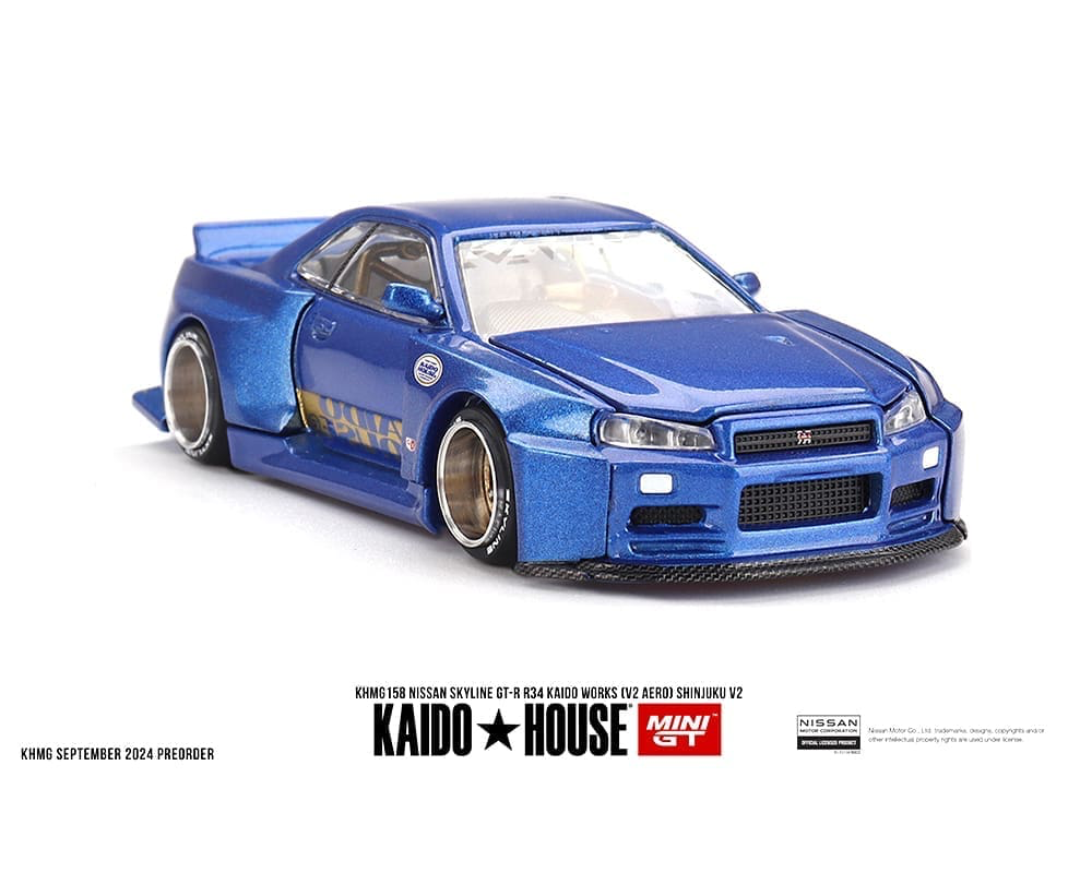 #158 - Kaido House x Mini GT 1:64 Nissan Skyline GT-R (R34) Kaido Works (V2 Aero) SHINJUKU V2- Blue