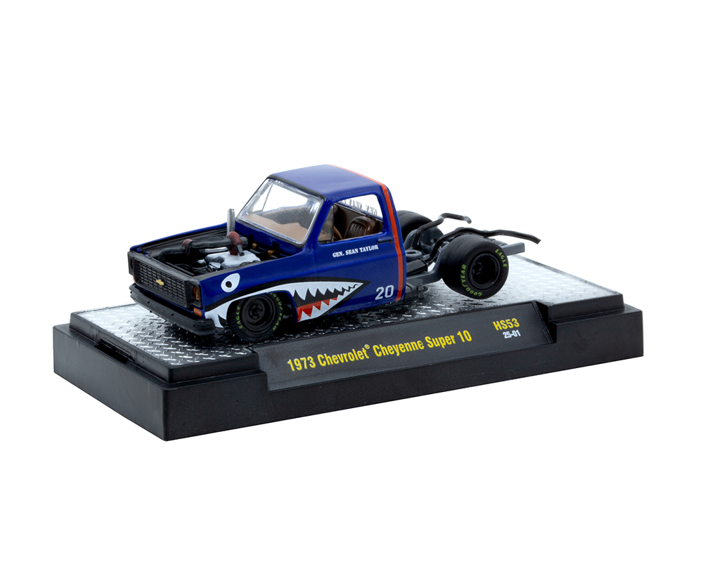 M2 Machines 1:64 1973 Chevrolet Cheyenne Super 10 Bedless Shark Mouth Truck – Blue