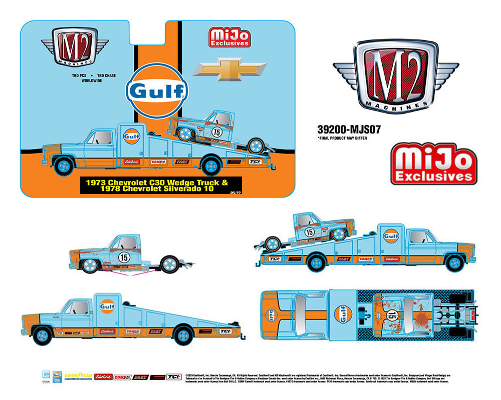 Chase - M2 Machines 1:64 Mijo Exclusives Auto-Haulers 1973 Chevrolet C30 Wedge Truck & 1978 Chevrolet Silverado 10 Bedless Gulf Livery – Blue – Limited Edition