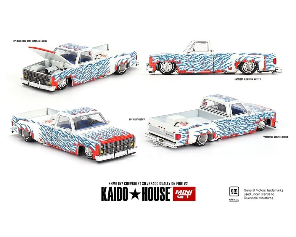 #157 - Kaido House x Mini GT 1:64 Chevrolet Silverado Dually on Fire V2 – White Flames