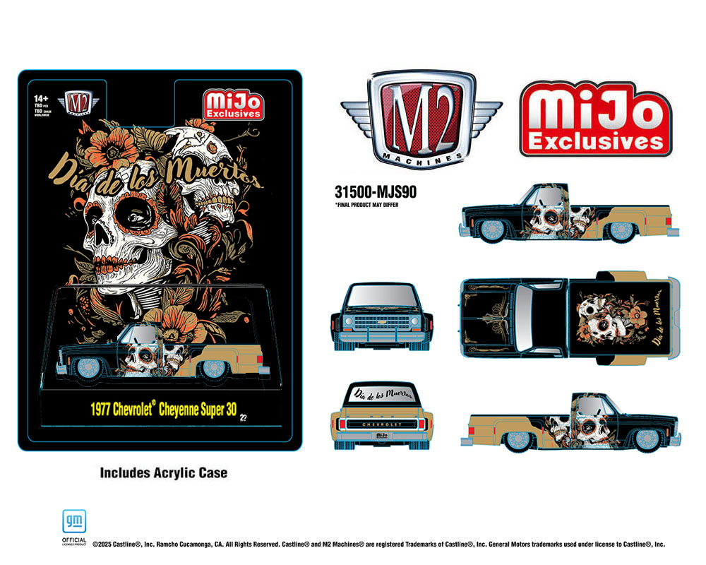 M2 Machines 1:64 1977 Chevrolet Cheyenne Super 30 “Dia De Los Muertos” 2025 – Black Gold