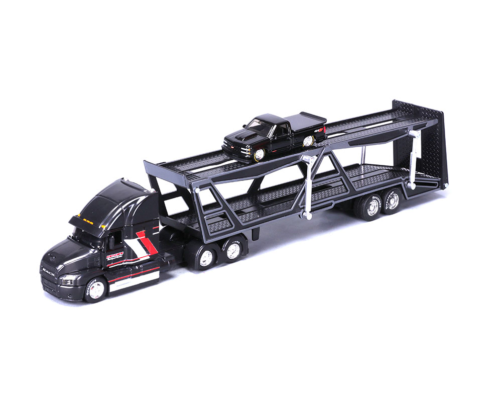 Maisto 1:64 Mack Transporter Open Trailer w/ 1993 Chevrolet 454 SS Pickup – Black – Design Transporters
