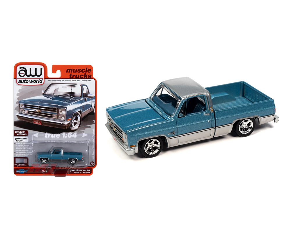Auto World 1:64 1985 Chevrolet Silverado Fleetside Light Blue/Silver Poly Premium 2023 Release 2 Version B