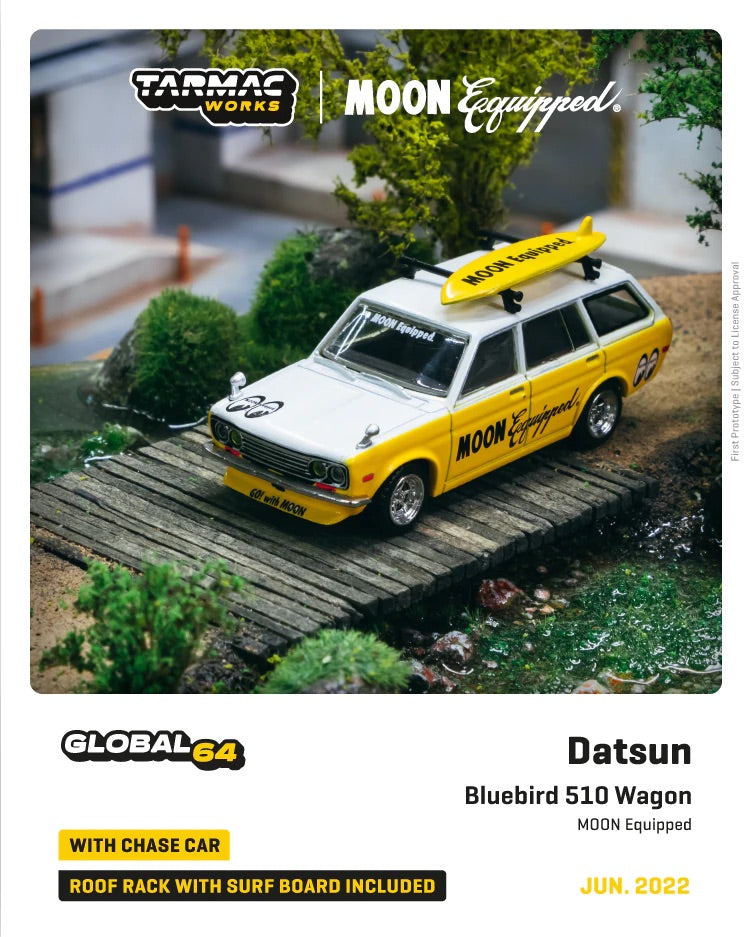 Tarmac Works 1:64 Global 64 Datsun Bluebird 510 Wagon Mooneyes Moon Equipped with Surfboard