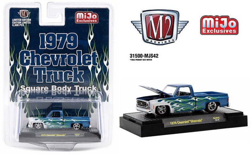 M2 Machines 1:64 1979 Chevrolet Silverado Pickup Truck Square Body Truck Blue With Flames