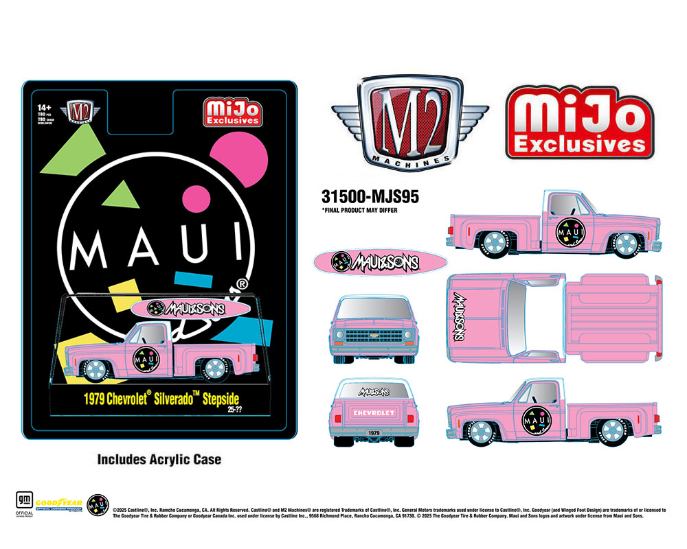 (Preorder) M2 Machines 1:64 1979 Chevrolet Silverado Stepside with Surfboard Maui & Son – Pink
