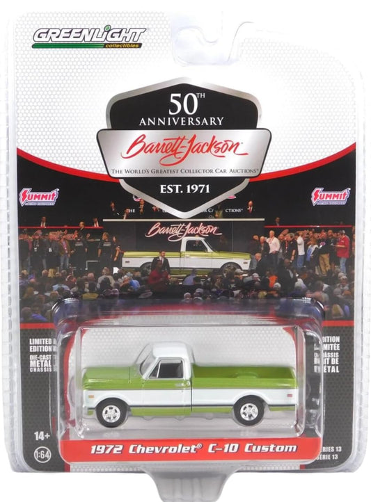 Greenlight 37300-C Barrett-Jackson ‘Scottsdale Edition’ Series 13-1972 Chevy C-10 Custom - Green/White (Lot #798) 1/64 Scale Diecast
