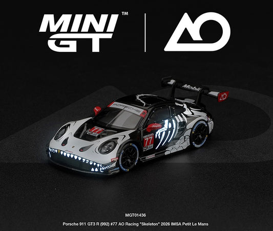 #1436 - (Preorder) Mini GT 1:64 Porsche 911 GT3 R (992) #77 AO Racing “Skeleton Rexy” 2026 IMSA Petit Le Mans – (Glow in the Dark) - *** Limit 1 Per Order! ***