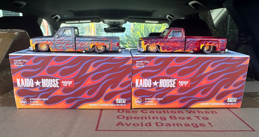 Kaido House x Mini GT 1:64 Chevrolet Silverado Dually on Fire V1 – Red with Flames - Chase And Regular Pair.