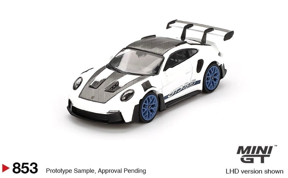 #853 - Mini GT 1:64 Porsche 911 (992) GT3 RS Weissach Package – White with Indigo Blue