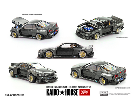 #222- (Preorder) Kaido House x Mini GT 1:64 Nissan Skyline GT-R (R34) Kaido Works GReddy V2 – Black w/ Carbon