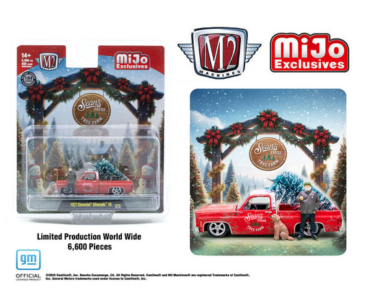 (Preorder) M2 Machines 1:64 Diorama Sean’s Fresh Tree Farm 1977 Chevrolet Silverado 10 with Sean Figure & Dog Christmas