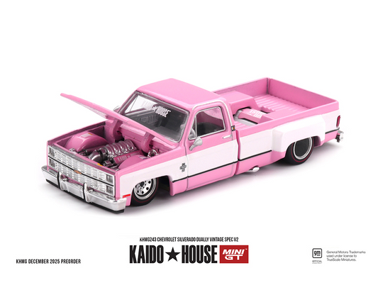 #243 - (Preorder) Kaido House x Mini GT Chevrolet Silverado Dually Vintage Spec V2 – Pink with White - ***Limit 3 per order - Extras will be cancelled