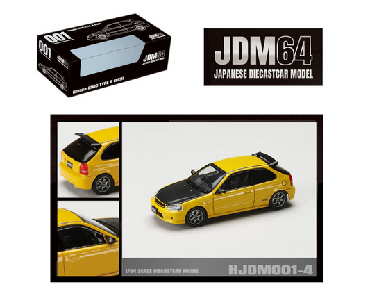 (Preorder) Hobby Japan 1:64 JDM64 Honda CIVIC TYPE R (EK9) JDM Style – Sunlight Yellow w/ Carbon Hood