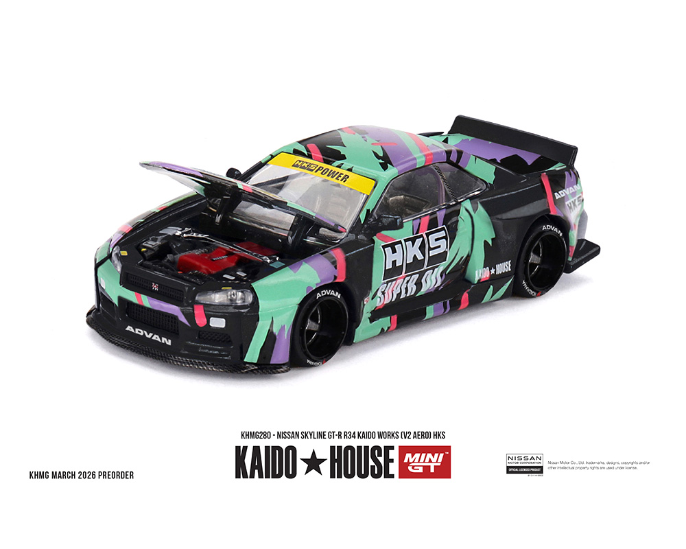 #280 - Kaido House x Mini GT 1:64 Nissan Skyline GT-R R34 Kaido Works (V2 Aero) HKS