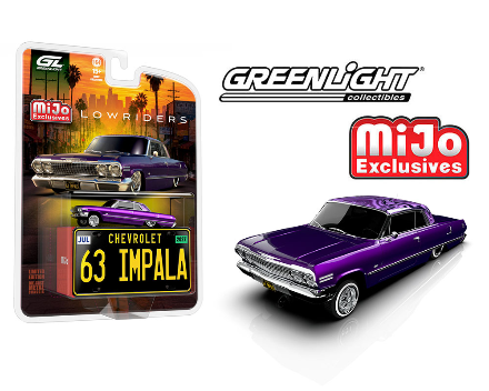 (Preorder) Greenlight 1:64 Lowriders 1963 Chevrolet Impala SS w/ Mini Metal License Plate – Candy Purple