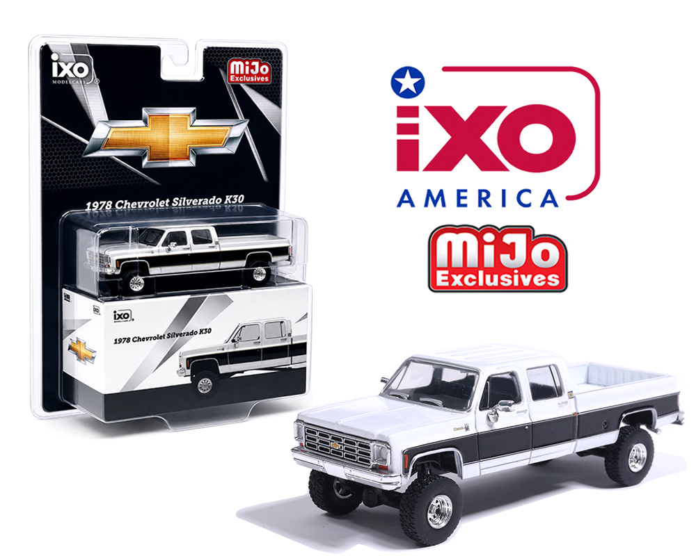 IAPR1012 - IXO Model 1:64 1978 Chevrolet Silverado K30 Crew Cab Fleetside Lifted – White w/ Black Two Tone
