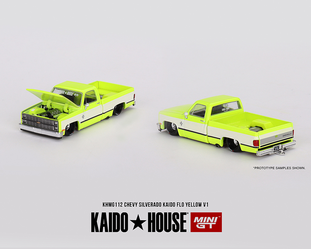 Kaido House x Mini GT 1:64 Chevrolet Silverado KAIDO Flo V1 – Yellow