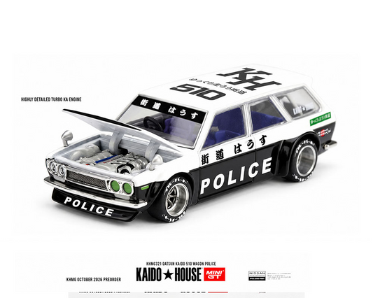 #321 - (Preorder) Kaido House x Mini GT Datsun KAIDO 510 Wagon Police – Black White Two-Tone