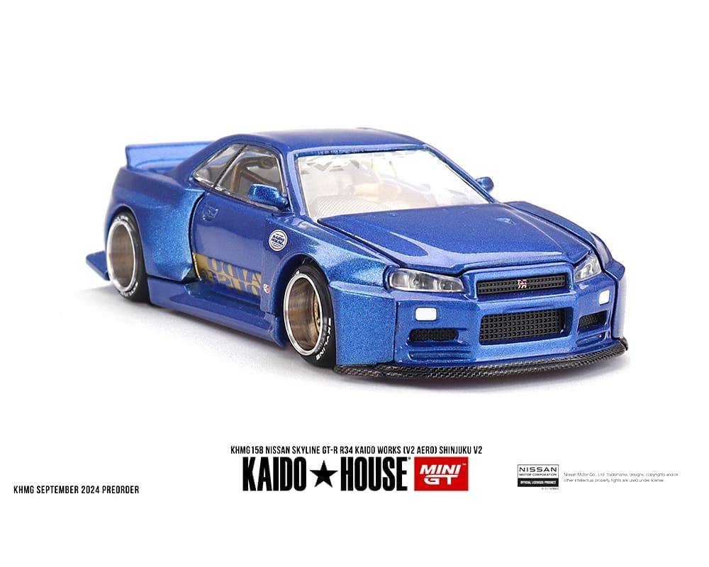 (Preorder) Kaido House x Mini GT 1:64 Nissan Skyline GT-R (R34) Kaido Works (V2 Aero) SHINJUKU V2- Blue