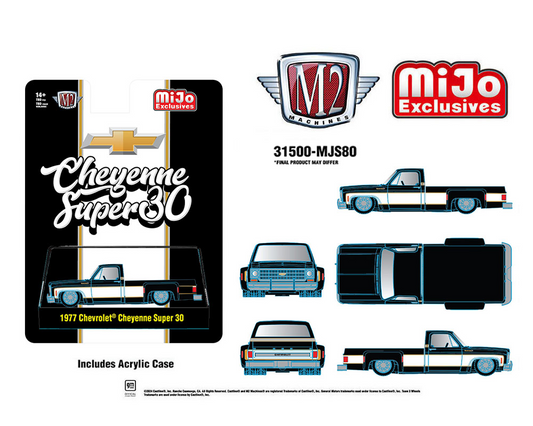 (Preorder) M2 Machines 1:64 1977 Chevrolet Cheyenne Super 30 Pickup Truck – Black and White Two Tone