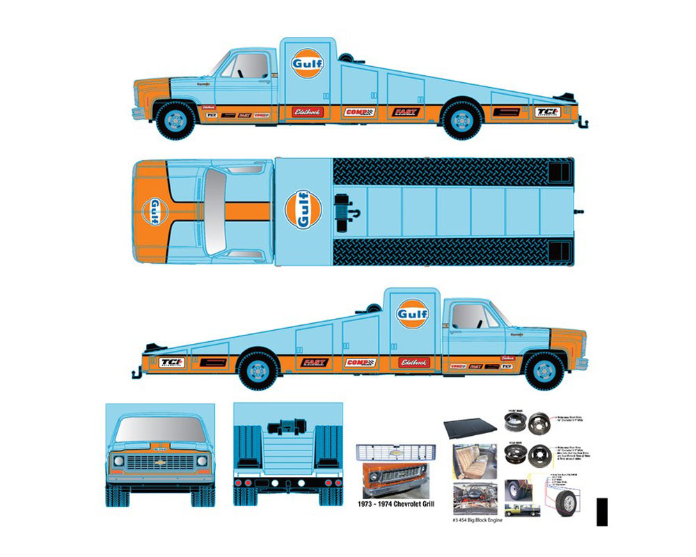 (Preorder) M2 Machines 1:64 Mijo Exclusives Auto-Haulers 1973 Chevrolet C30 Wedge Truck & 1978 Chevrolet Silverado 10 Bedless Gulf Livery – Blue – Limited Edition