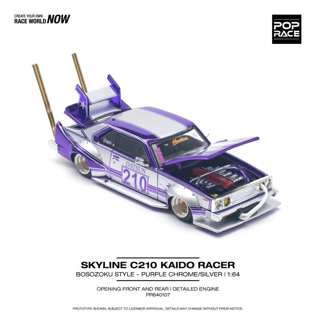 #107 - Pop Race 1:64 Skyline C210 Kaido Racer Bosozoku - Purple Chrome / Silver