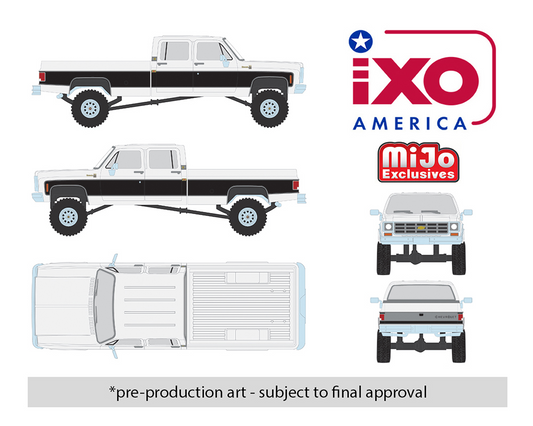(Preorder) IXO Model 1:64 1978 Chevrolet Silverado K30 Crew Cab Fleetside Lifted – White w/ Black Two Tone