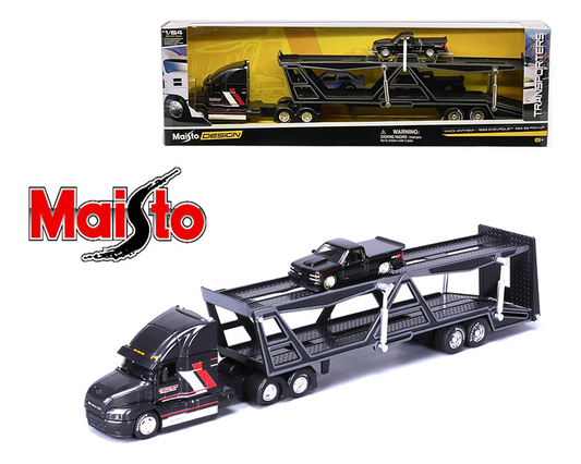 Maisto 1:64 Mack Transporter Open Trailer w/ 1993 Chevrolet 454 SS Pickup – Black – Design Transporters