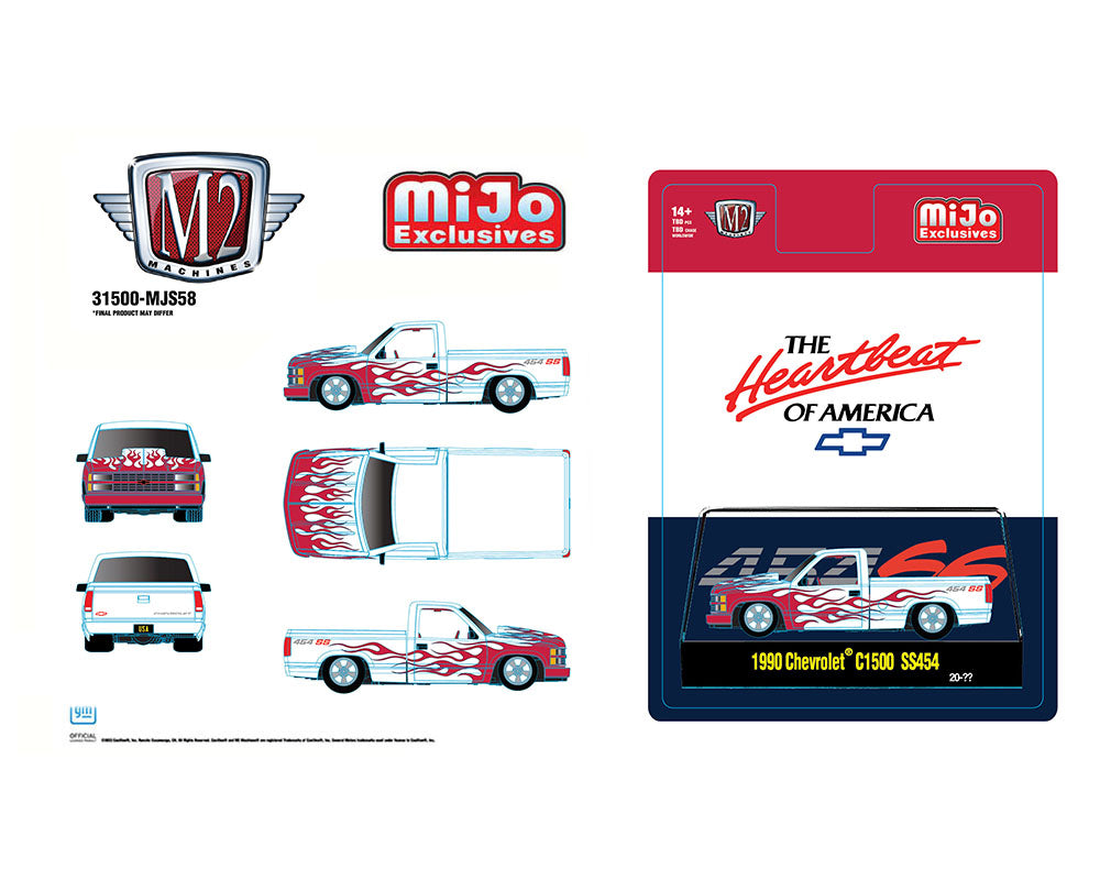 M2 Machines 1:64 1993 Chevrolet C1500 454 SS White w/Red Flames - Mijo Exclusives