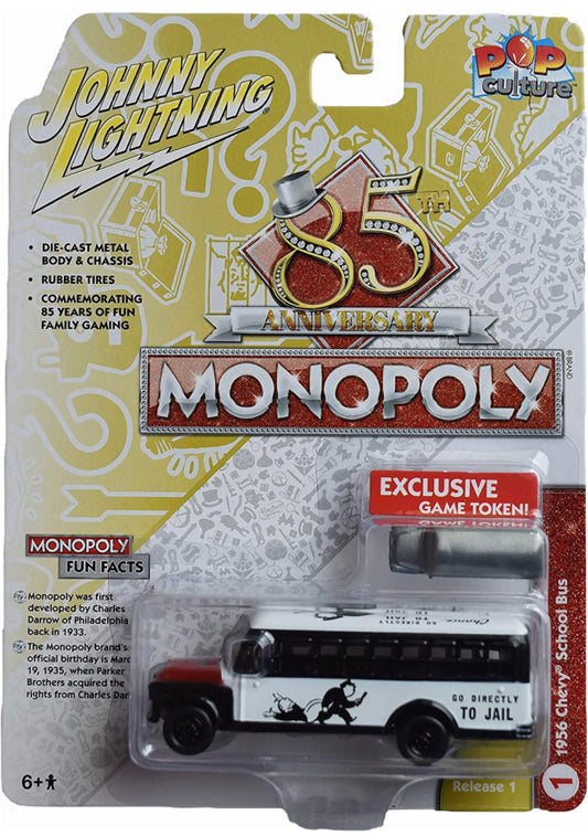 Johnny Lightning 1956 Chevy School Bus, [White/Black] Exclusive Game Token