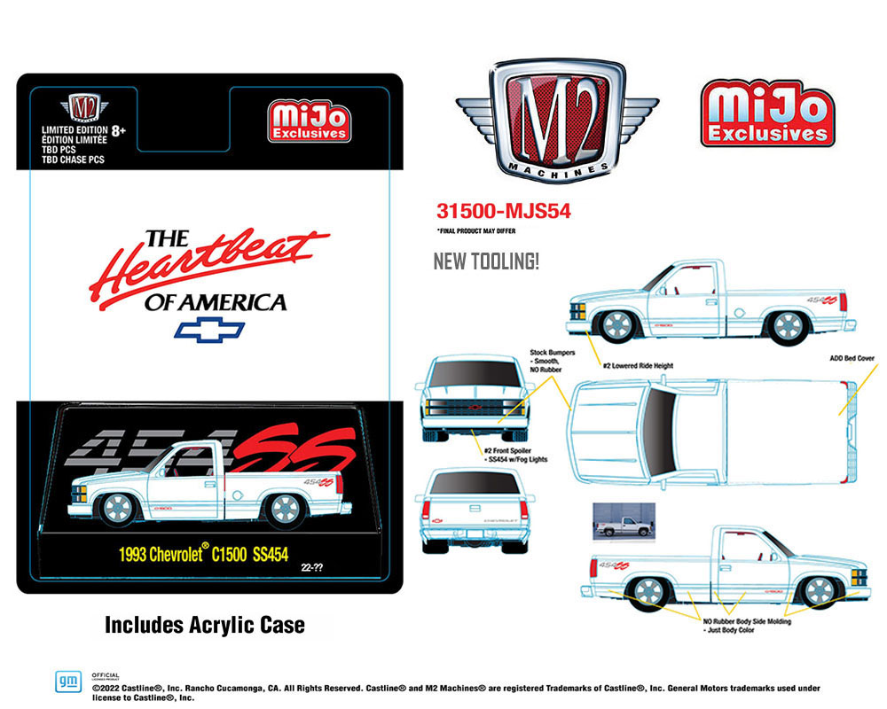 M2 Machines 1:64 Mijo Exclusive 1993 Chevrolet C1500 SS 454 Custom White with Bed Cover