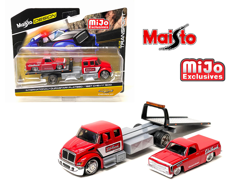 Maisto 1:64 Mijo Exclusives Elite Transport International Durastar Flatbed With 1987 Chevy Silverado 1500 Edelbrock Limited 3,600