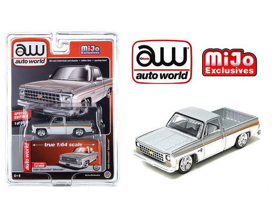 Auto World 1:64 Mijo Exclusives 1980 Chevrolet Silverado Custom Silver With White Two Tone Limited 6,000 Pieces